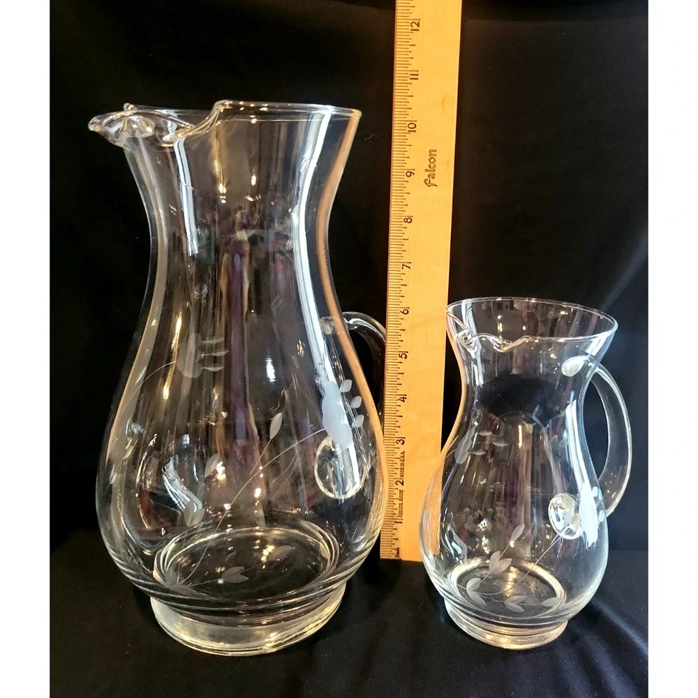 Set of 2 Princess House Heritage Crystal 6 & 10” Pitchers applied handle ice lip